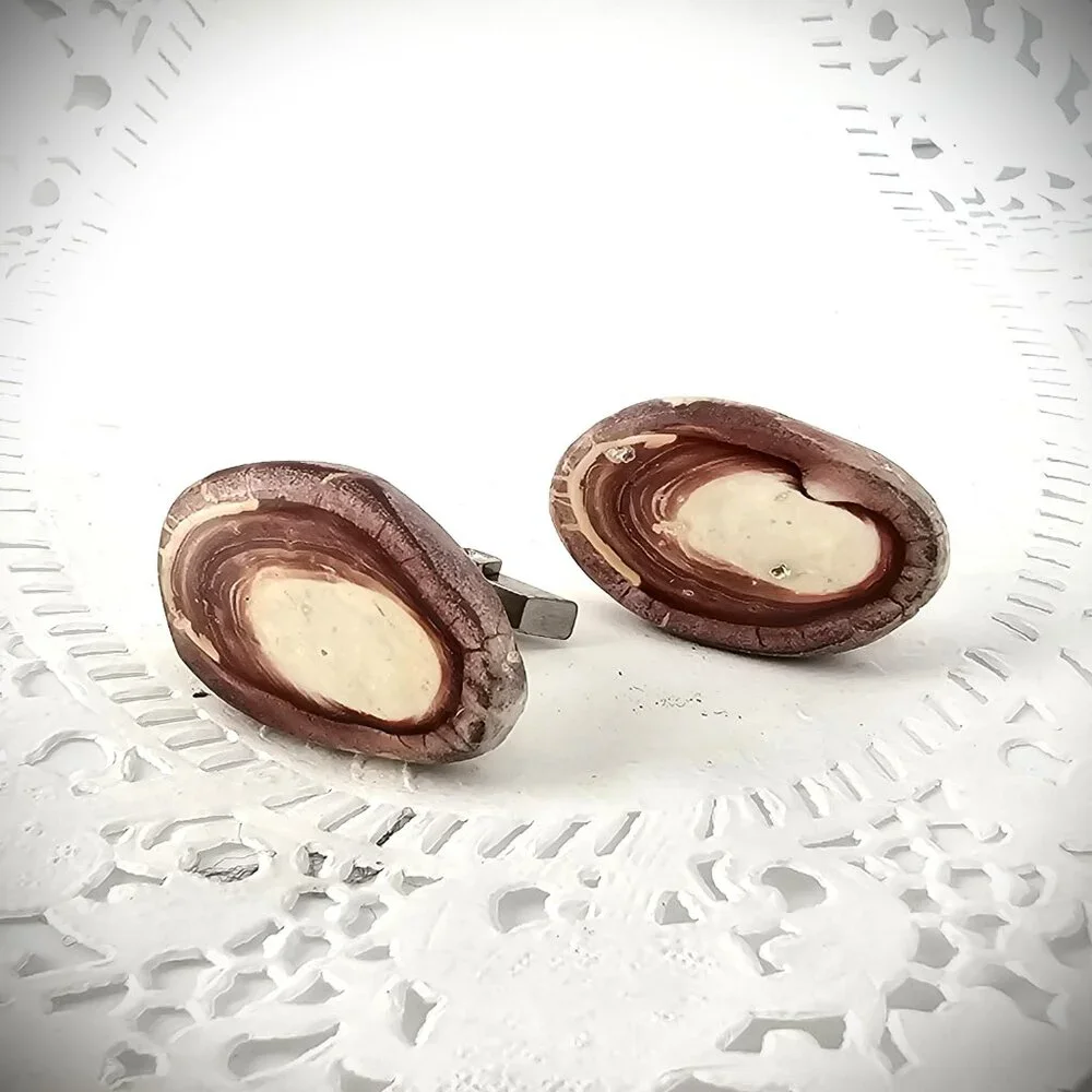 Vintage Petrified Wood Slice Polish Red White Stone Specimen Cufflinks 1.25